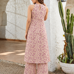 Pink Floral Printed Sleeveless A-Line Kurta With Palazzo Kurta Set