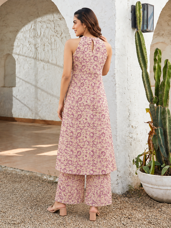 Pink Floral Printed Sleeveless A-Line Kurta With Palazzo Kurta Set