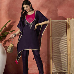 Burgundy Yoke Design Beads And Stones Round Neck Kaftan Kurta With Trousers