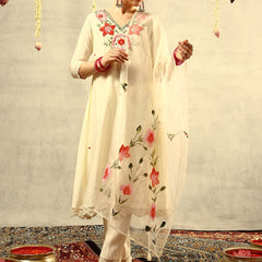Off White Mirror & Thread Embroidered Festive Kurta With Trouser & Dupatta Kurta Set