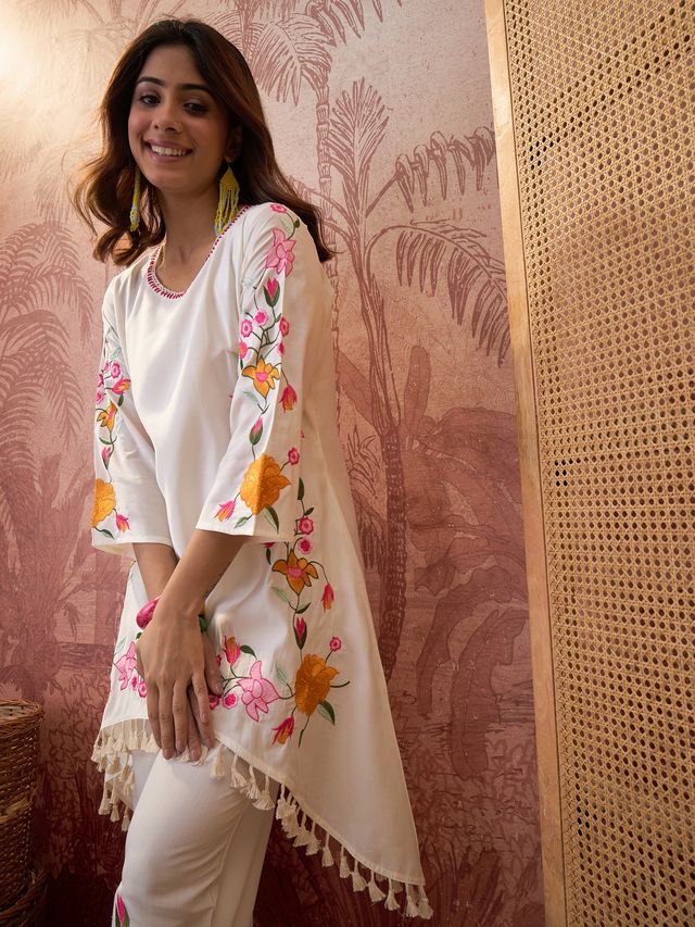 White Floral Embroidered Tunic With Trouser Co-Ords Set