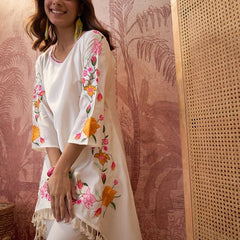 White Floral Embroidered Tunic With Trouser Co-Ords Set