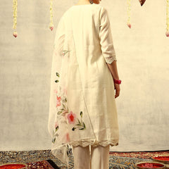 Off White Mirror & Thread Embroidered Festive Kurta With Trouser & Dupatta Kurta Set
