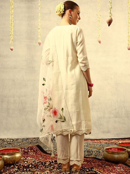 Off White Mirror & Thread Embroidered Festive Kurta With Trouser & Dupatta Kurta Set