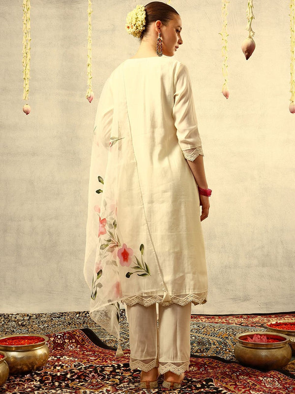 Off White Mirror & Thread Embroidered Festive Kurta With Trouser & Dupatta Kurta Set