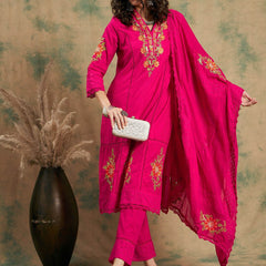 Pink Woven Design Thread Work Detail Pure Cotton Kurta & Trouser With Dupatta