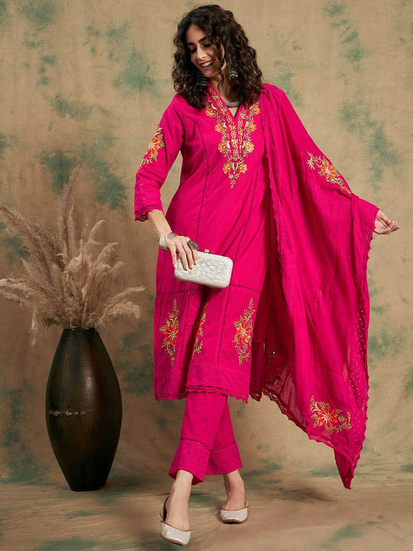 Pink Woven Design Thread Work Detail Pure Cotton Kurta & Trouser With Dupatta