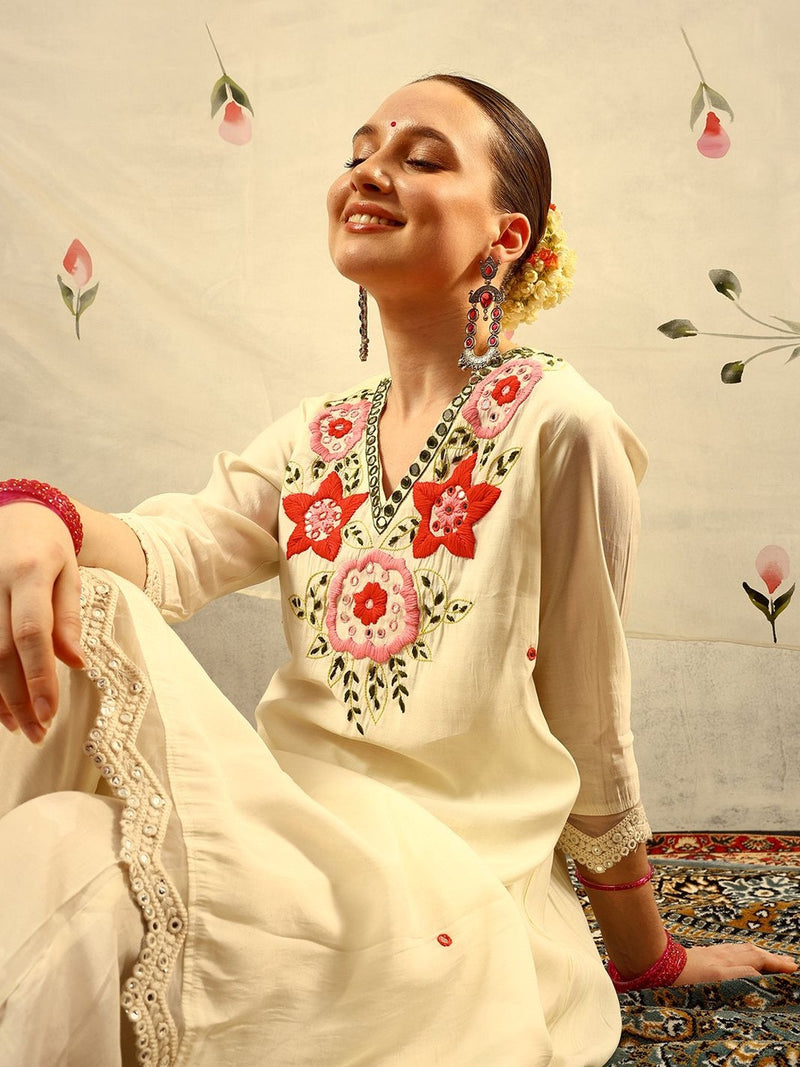 Off White Mirror & Thread Embroidered Festive Kurta With Trouser & Dupatta Kurta Set