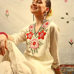 Off White Mirror & Thread Embroidered Festive Kurta With Trouser & Dupatta Kurta Set