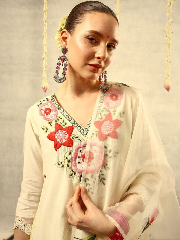 Off White Mirror & Thread Embroidered Festive Kurta With Trouser & Dupatta Kurta Set