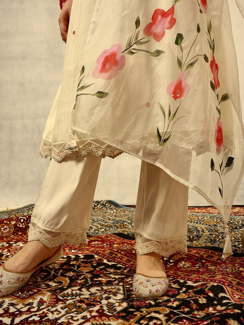 Off White Mirror & Thread Embroidered Festive Kurta With Trouser & Dupatta Kurta Set