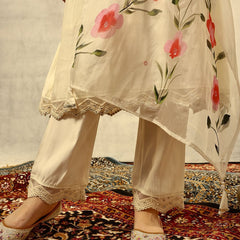 Off White Mirror & Thread Embroidered Festive Kurta With Trouser & Dupatta Kurta Set