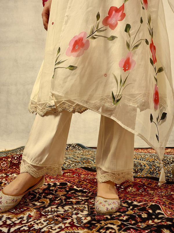 Off White Mirror & Thread Embroidered Festive Kurta With Trouser & Dupatta Kurta Set