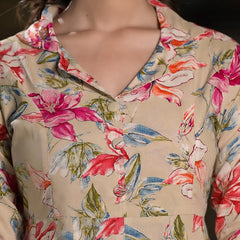 Floral Printed Lapel Collar A-Line Kurta With Trouser