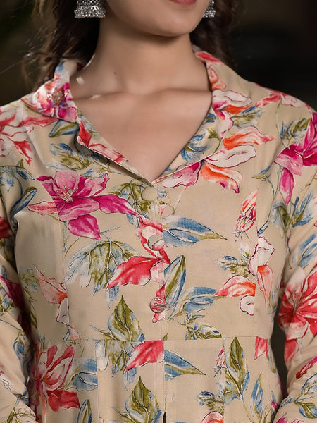 Floral Printed Lapel Collar A-Line Kurta With Trouser