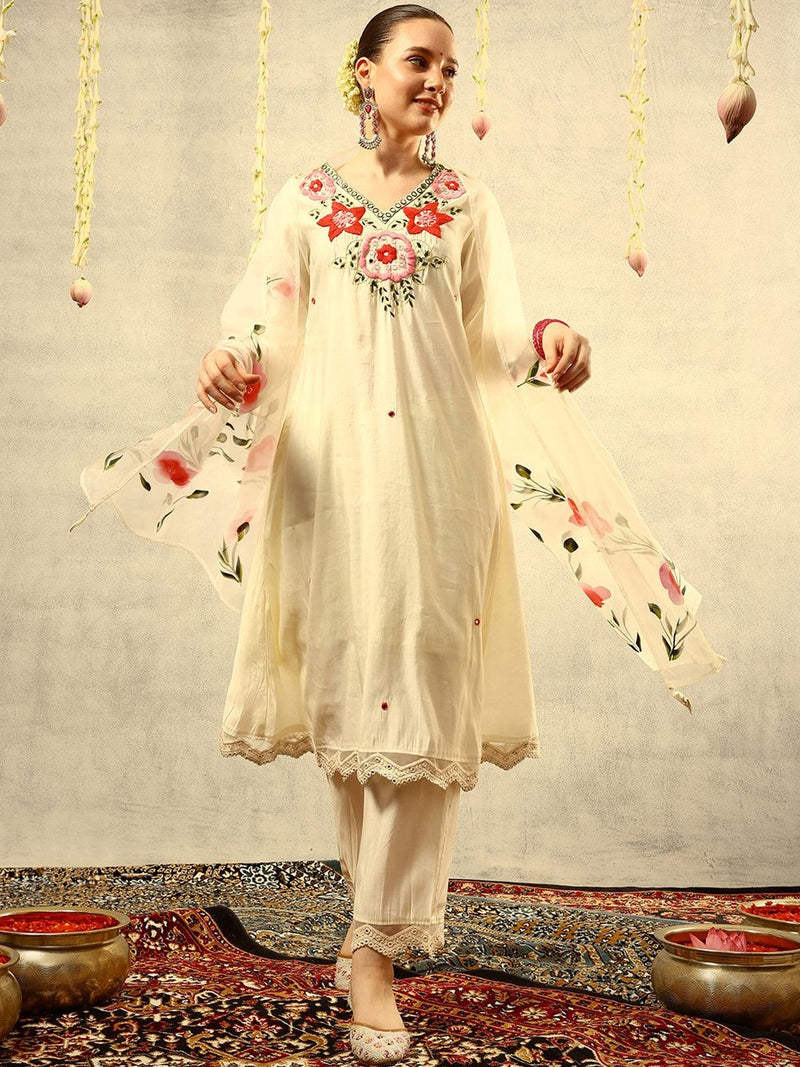 Off White Mirror & Thread Embroidered Festive Kurta With Trouser & Dupatta Kurta Set