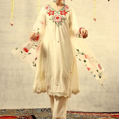 Off White Mirror & Thread Embroidered Festive Kurta With Trouser & Dupatta Kurta Set