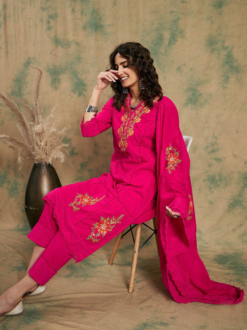 Pink Woven Design Thread Work Detail Pure Cotton Kurta & Trouser With Dupatta