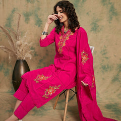 Pink Woven Design Thread Work Detail Pure Cotton Kurta & Trouser With Dupatta