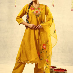 Mirror & Thread Embroidered Festive Kurta With Trouser & Dupatta Kurta Set