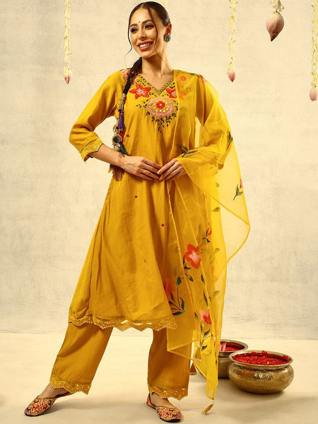 Mustard Mirror & Thread Embroidered Festive Kurta With Trouser & Dupatta Kurta Set