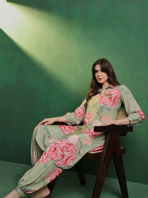 Floral Printed Shirt Collar Mirror Work Pathani Kurta & Trousers
