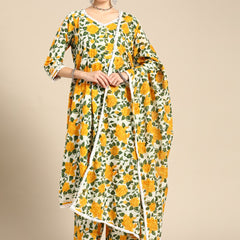 Women Yellow Floral Printed Lace Inserts Pure Cotton Kurta with Sharara & Dupatta