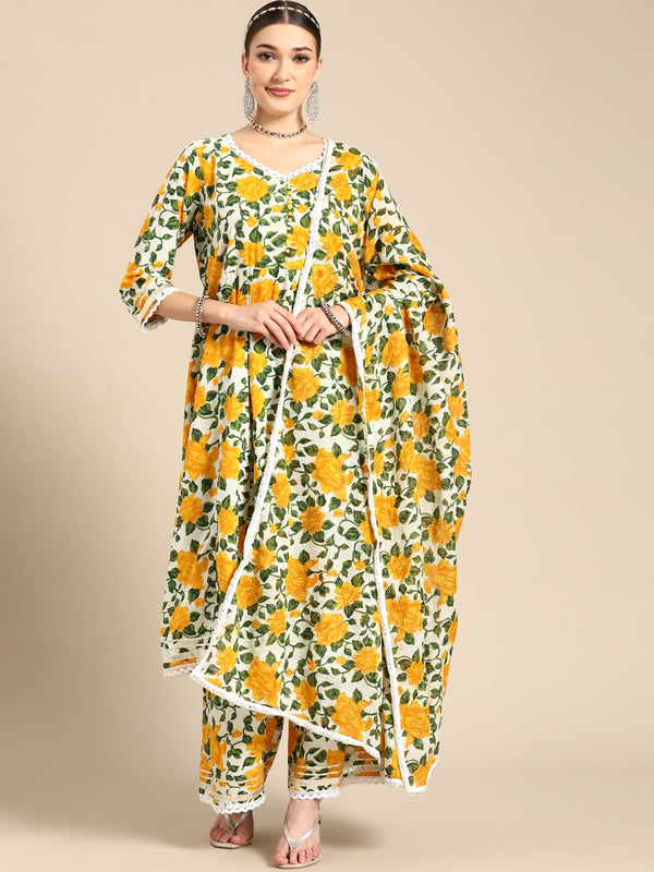 Women Yellow Floral Printed Lace Inserts Pure Cotton Kurta with Sharara & Dupatta
