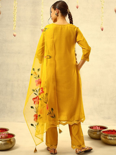 Mustard Mirror & Thread Embroidered Festive Kurta With Trouser & Dupatta Kurta Set