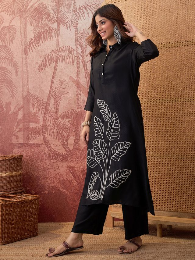Black Floral Embroidered  A-Line Kurta With Trouser Kurta Set
