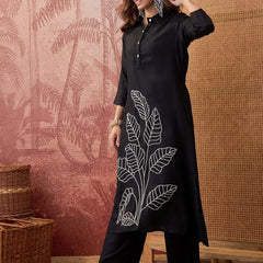 Black Floral Embroidered  A-Line Kurta With Trouser Kurta Set