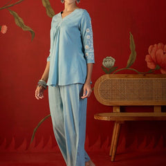 Embroidered V-Neck Tunic With Trouser Co-Ords Set