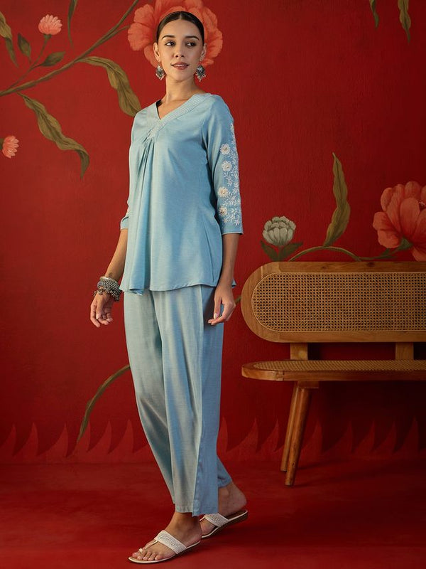 Embroidered V-Neck Tunic With Trouser Co-Ords Set
