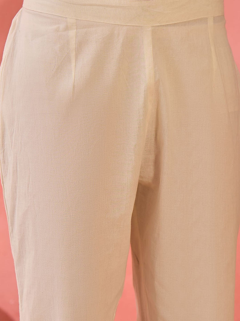 Off white Floral Embroidered Pure Cotton Kurta With Trouser And Dupatta