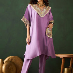 Purple V-Neck Short Sleeves Regular Mirror Work Kaftan Kurta With Trouser