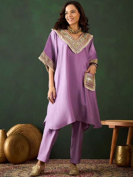 Purple V-Neck Short Sleeves Regular Mirror Work Kaftan Kurta With Trouser