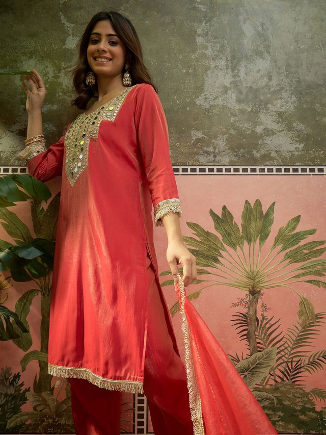 Floral Embroidered & Sequin Work Kurta With Farshi Salwar & Dupatta Kurta Set