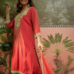 Floral Embroidered & Sequin Work Kurta With Farshi Salwar & Dupatta Kurta Set