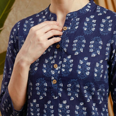 Indigo Blue Ethnic Motif Print Straight Short Kurtis