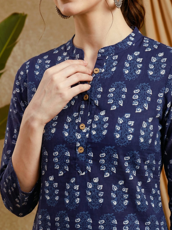 Indigo Blue Ethnic Motif Print Straight Short Kurtis