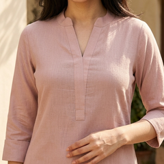 Coral Mandarin Collar Pure Cotton Tunic With Trousers Kurta Set