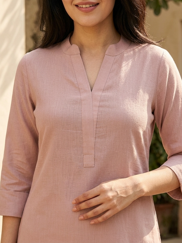 Coral Mandarin Collar Pure Cotton Tunic With Trousers Kurta Set