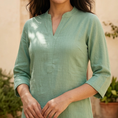 Beige Mandarin Collar Pure Cotton Tunic With Trousers Kurta Set