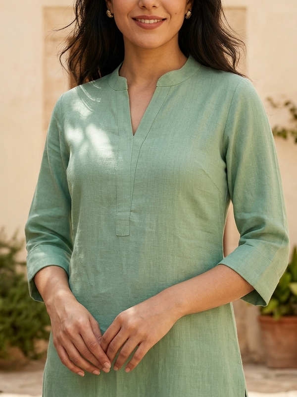 Beige Mandarin Collar Pure Cotton Tunic With Trousers Kurta Set
