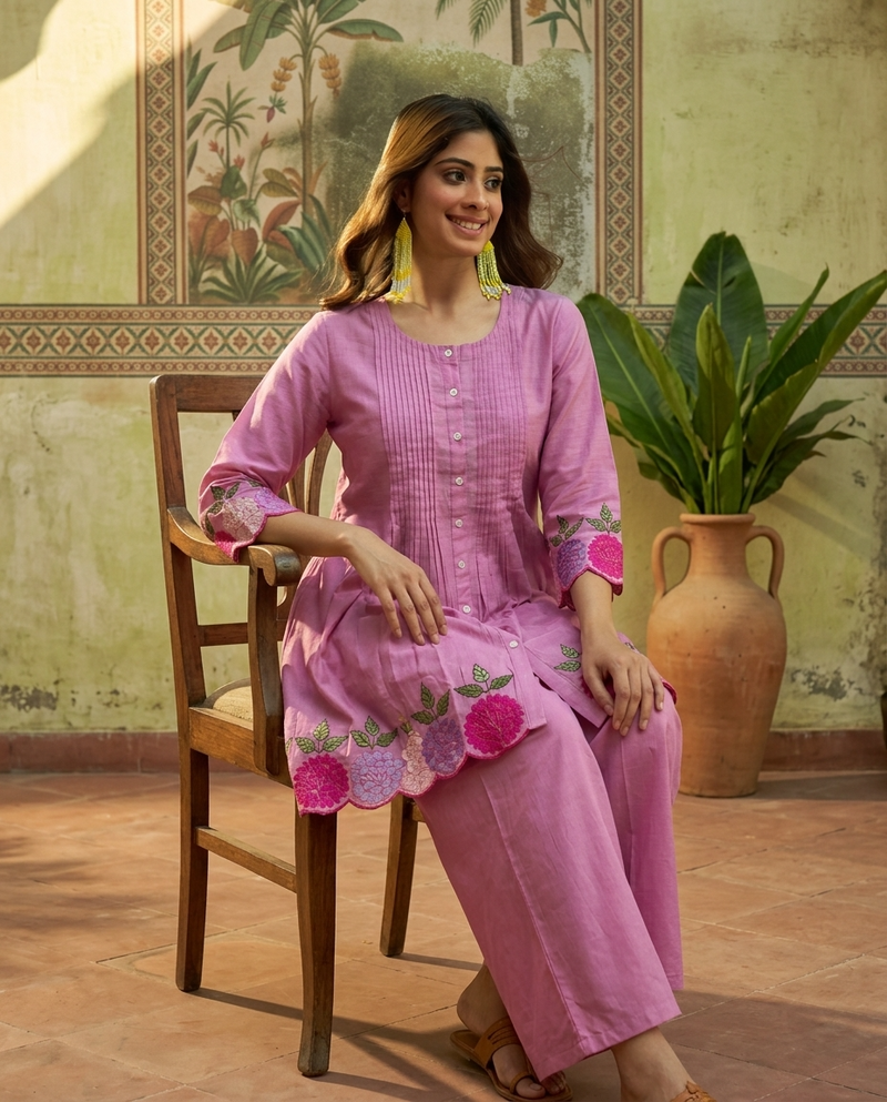 Floral Embroidered A-Line Kurta With Trouser Set