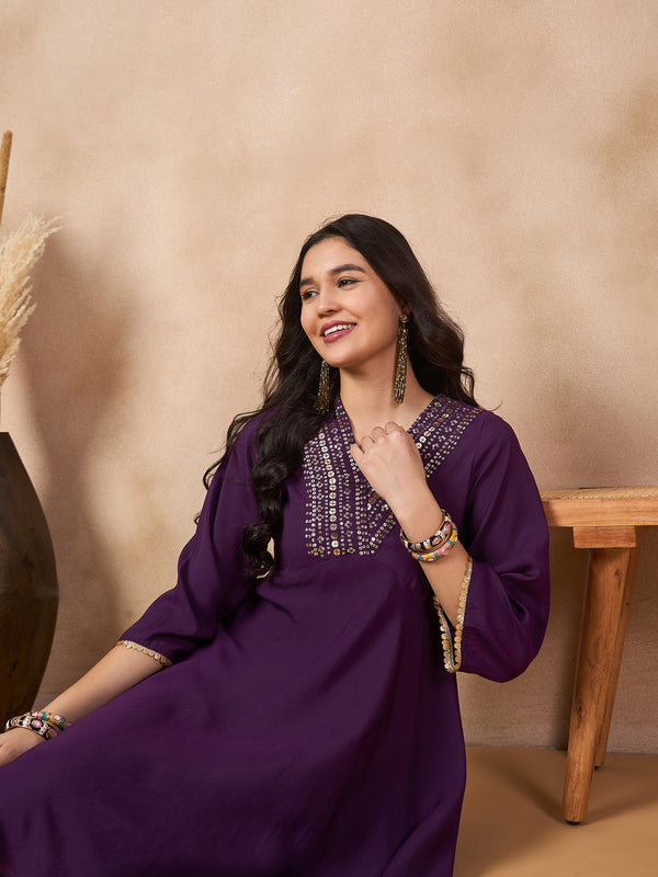 Ethnic Motifs Yoke Design & Sequinned  A-Line Kurta With Dhoti Pants Kurta Set