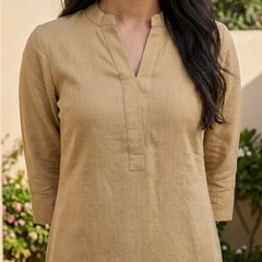 Beige Mandarin Collar Pure Cotton Tunic With Trousers Kurta Set