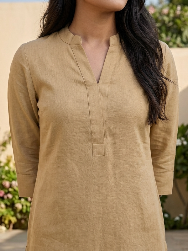 Beige Mandarin Collar Pure Cotton Tunic With Trousers Kurta Set