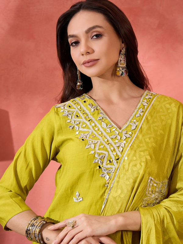 Green Embroidered Gotta Patti Kurta with Trousers & Dupatta Kurta Set