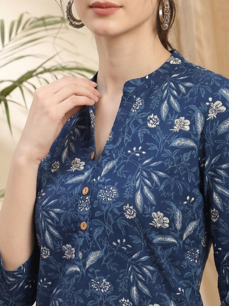 Indigo Blue Ethnic Motif Print Straight Short Kurtis